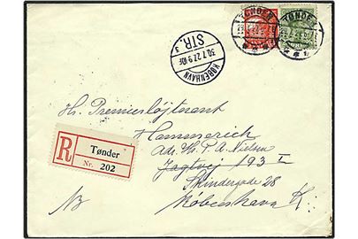 15 øre rød bølgelinie og 25 grøn Chr. X på Rec. brev fra Tønder d. 29.7.1927 til København.