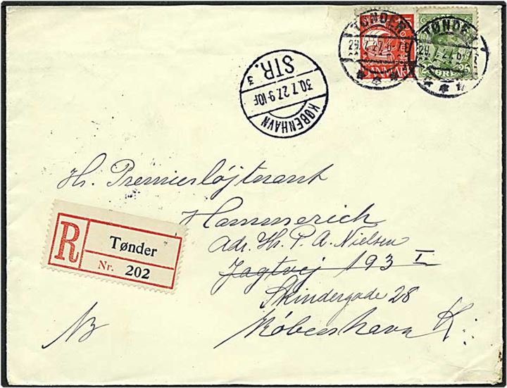 15 øre rød bølgelinie og 25 grøn Chr. X på Rec. brev fra Tønder d. 29.7.1927 til København.