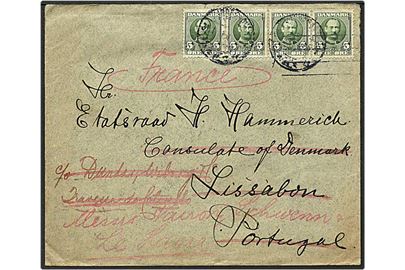5 øre grøn Fr. VIII på brev fra København d. 31.1.1911 til Lisabon, Portugal. Omadresseret til Frankrig.