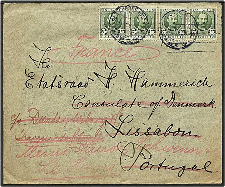5 øre grøn Fr. VIII på brev fra København d. 31.1.1911 til Lisabon, Portugal. Omadresseret til Frankrig.