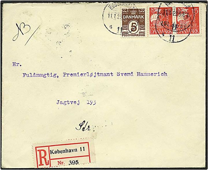 5 øre brun bølgelinie og 15 øre rød bølgelinie på lokalt sendt Rec. brev fra København d. 11.1.1929.