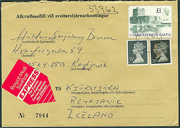 £1,95 blandingsfrankeret ekspresbrev fra islandske ambassade i London ca. 1990 til Retkjavik, Island. £1 med kort hjørne.