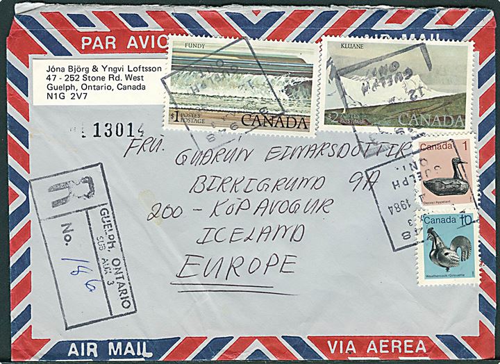 £3,11 blandingsfrankeret anbefalet luftpostbrev fra Guelph, Ontario d. 12.3.1984 til Köpavogur, Island.