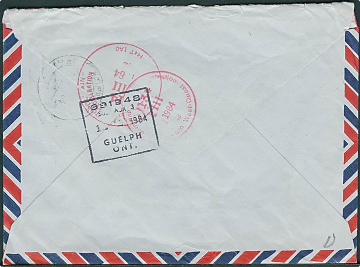£3,11 blandingsfrankeret anbefalet luftpostbrev fra Guelph, Ontario d. 12.3.1984 til Köpavogur, Island.