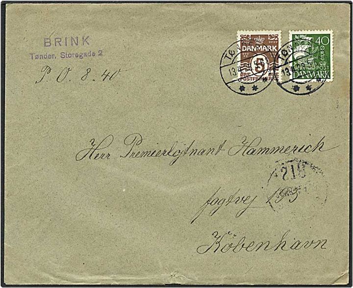 5 øre brun bølgelinie og 40 øre grøn karavel på brev fra Tønder d. 13.4.1928 til København.