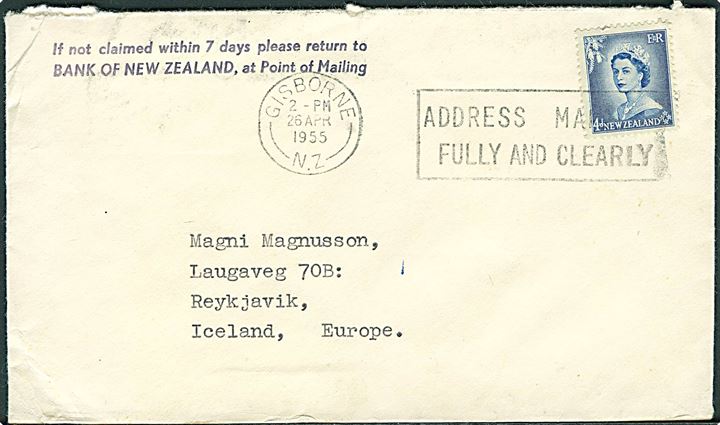 4d Elizabeth single på brev fra Gisborne d. 26.4.1955 til Reykjavik, Iceland.