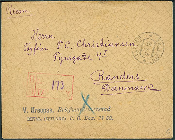 25 pen. Tallinn Skyline (20) utakket på bagsiden af anbefalet brev fra Tallinn d. 25.1.1921 til Randers, Danmark.