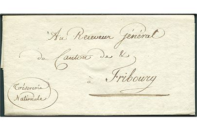 1800. Tjenestebrev med fuldt indhold fra Les Commissaires de la Tresorerie National i Bern d. 19.7.1800 til Fribourg.