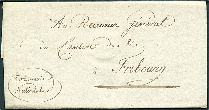 1800. Tjenestebrev med fuldt indhold fra Les Commissaires de la Tresorerie National i Bern d. 19.7.1800 til Fribourg.