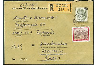 4 s. og 20 s. Landskab på anbefalet brev fra Krems an der Donau 1991 til Reykjavik, Island.