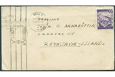 60 g. Landskab på brev fra Graz d. 13.6.1947 til Reykjavik, Island. Allieret efterkrigscensur ZZBZ/G.