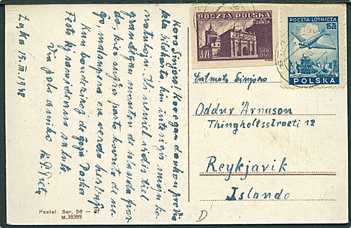 3 zl. Gdansk utakket og 15 zl. Luftpost på brevkort med svagt stempel d. 15.3.1948 til Reykjavik, Island.