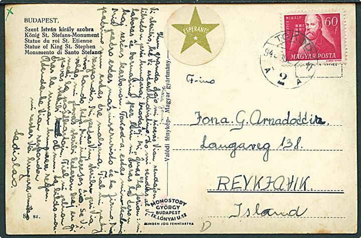 60 f. Friheds udg. på brevkort fra Tokod d. 2.7.1948 til Reykjavik, Island.