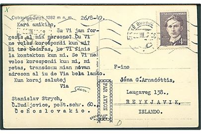 4 k. Wolker på brevkort fra Ceské Budejovice d. 25.8.1949 til Reykjavik, Island.