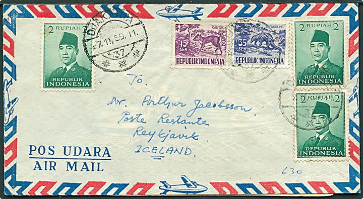 6,50 r. blandingsfrankeret luftpostbrev fra Djakarta d. 7.11.1959 til Reykjavik, Island. 