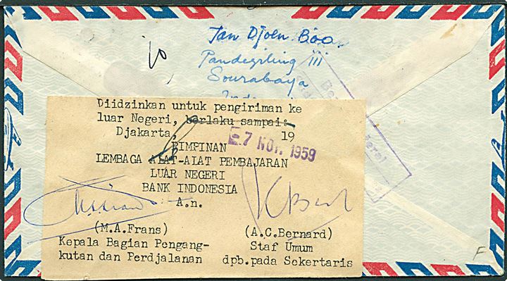 6,50 r. blandingsfrankeret luftpostbrev fra Djakarta d. 7.11.1959 til Reykjavik, Island. 