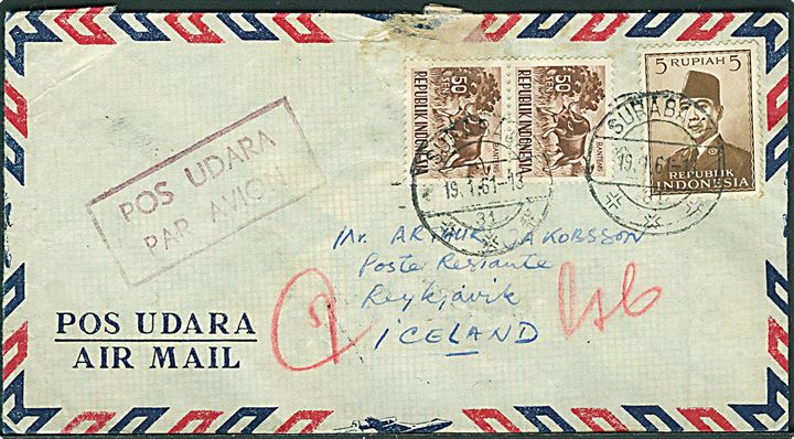 7,50 r. på for- og bagside af blandingsfrankeret luftpostbrev fra Surabaja d. 19.1.1961 til Reykjavik, Island.