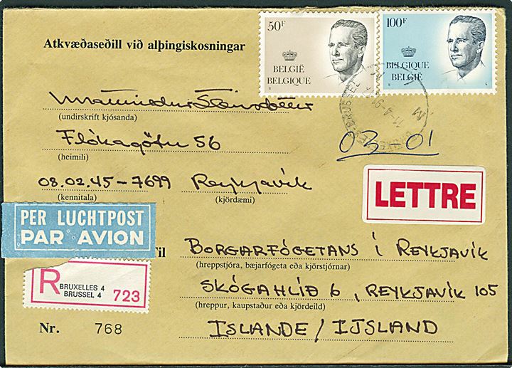 150 fr. frankeret anbefalet luftpostbrev fra den islandske ambassade i Bruxelles d. 11.4.1991 til Reykjavik, Island.