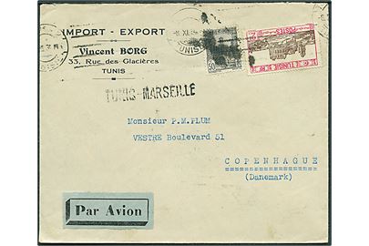 50 c. og 2 Fr. på luftpostbrev fra Tunis d. 8.11.1934 til København, Danmark. Liniestempel: Tunis - Marseille.