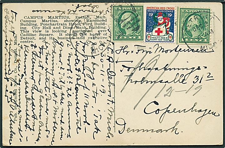 1 cent Washington (2) og American Red Cross Julemærke 1919 på brevkort fra Detroit d. 2.12.1919 til København, Danmark.