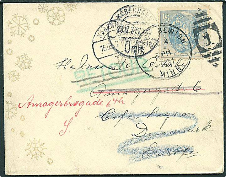 5 cents på brev fra Lake Benton d. 4.12.1937 til København, Danmark. Fejlagtig adresse med stempel: Ubekendt efter Adressen Kh. K. Dist. No.