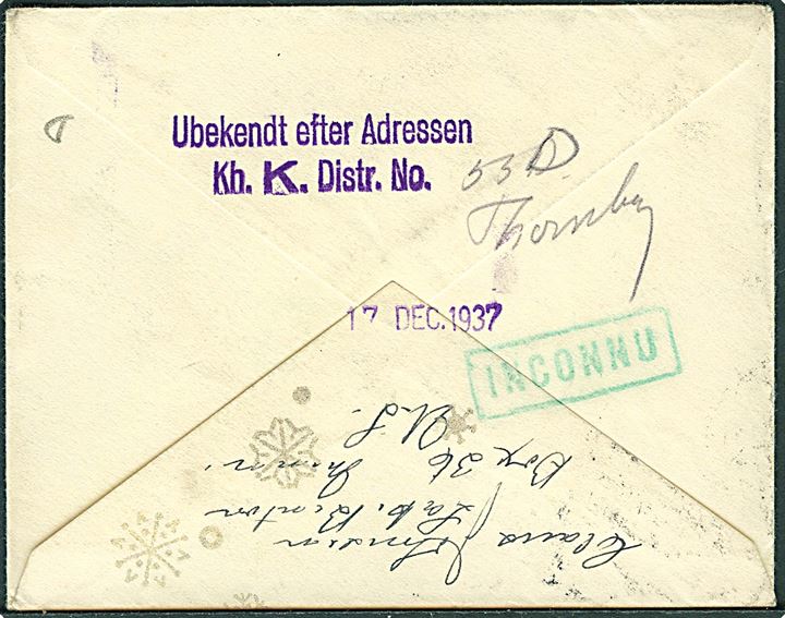 5 cents på brev fra Lake Benton d. 4.12.1937 til København, Danmark. Fejlagtig adresse med stempel: Ubekendt efter Adressen Kh. K. Dist. No.