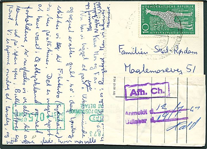10 pfg. Berlin Tierpark på underfrankeret brevkort fra Rostock 1965 til Charlottenlund. Udtakseret i 45 øre porto med grønt portomaskinstempel og anmeldt til afhentning på Charlottenlund postkontor.