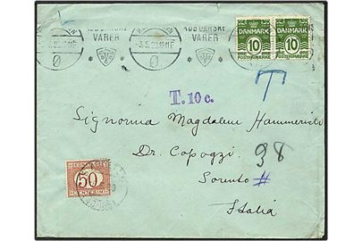 10 øre grøn bølgelinie på brev fra København d. 3.5.1929 til Italien. Kortet sat i porto og påsat 50 centimes portomærke.