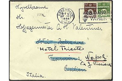 5 øre brun og 10 øre grøn bølgelinie på brev fra København d. 27.3.1930 til Sicilien. Omadresseret til Napoli.
