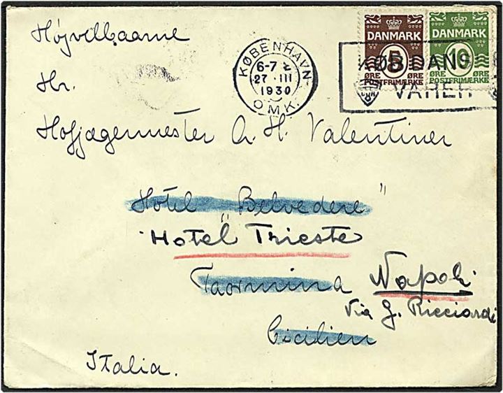 5 øre brun og 10 øre grøn bølgelinie på brev fra København d. 27.3.1930 til Sicilien. Omadresseret til Napoli.