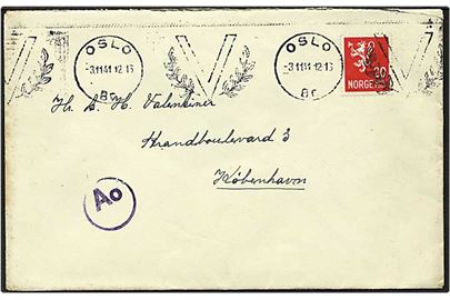20 øre rød løvemærke på brev fra Oslo, Norge, d. 3.11.1941 til København. Tysk censur.