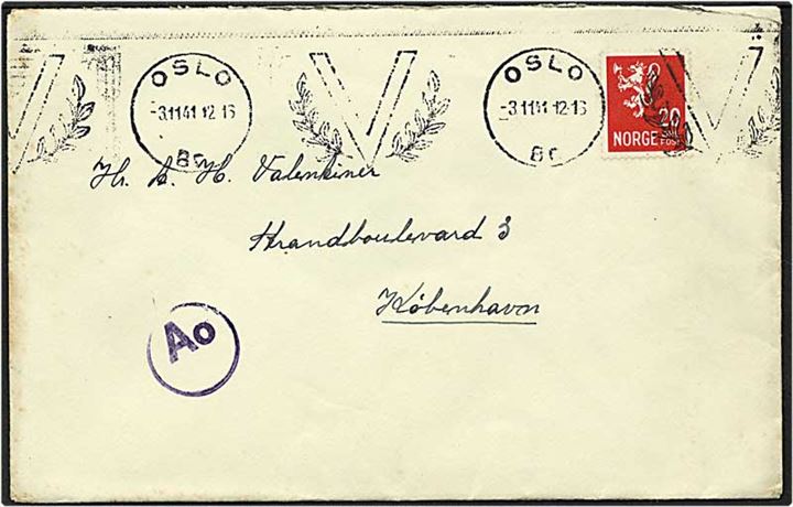 20 øre rød løvemærke på brev fra Oslo, Norge, d. 3.11.1941 til København. Tysk censur.
