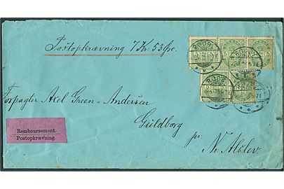 5 øre Våben (4) på brev med postopkrævning fra Rødby d. 29.6.1905 til Guldborg pr. Nr. Alslev. Kuvert slidt og afkortet i venstre side.