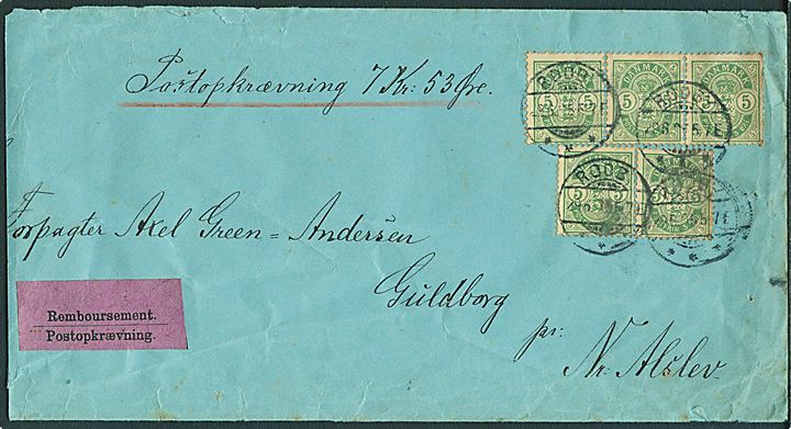 5 øre Våben (4) på brev med postopkrævning fra Rødby d. 29.6.1905 til Guldborg pr. Nr. Alslev. Kuvert slidt og afkortet i venstre side.