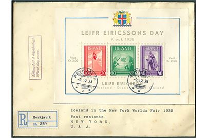 Leifr Eiricssons Day blok udg. på anbefalet FDC fra Reykjavik d. 9.10.1938 til New York. Pletter.