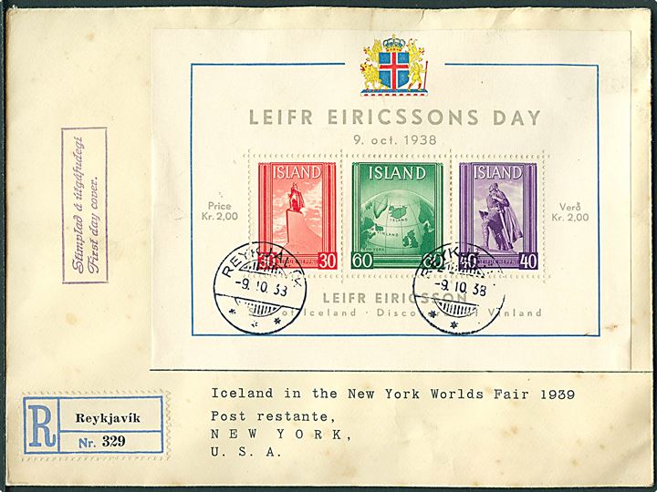 Leifr Eiricssons Day blok udg. på anbefalet FDC fra Reykjavik d. 9.10.1938 til New York. Pletter.