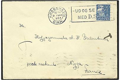 30 øre blå karavel på brev fra København d. 9.3.1937 til Frankrig. På¨stemplet T.