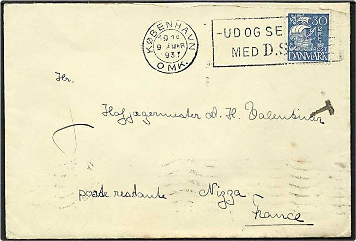 30 øre blå karavel på brev fra København d. 9.3.1937 til Frankrig. På¨stemplet T.