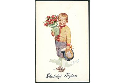 K. Feiertag: Glædeligt Nytaar. Dreng i fint tøj med blomster. B. K. W. I. no. 770-3.