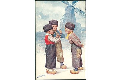 H. Feiertag: Drenge med deres piber foran møllen. B. K. W. I. no. 922-5.