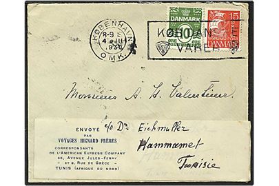10 øre grøn bølgelinie og 15 øre rød karavel på brev fra København d. 4.7.1930 til Tunis.