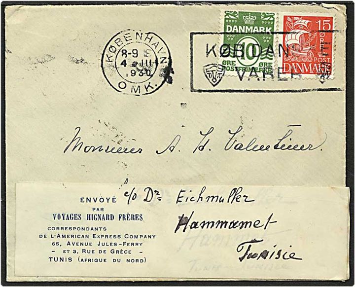 10 øre grøn bølgelinie og 15 øre rød karavel på brev fra København d. 4.7.1930 til Tunis.