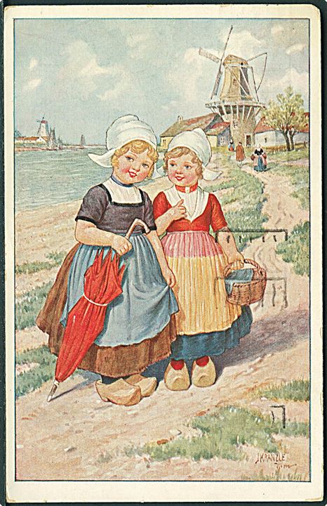 J. Kranzle: Piger i fint tøj med møllen i baggrunden. A. R. No. 1359.