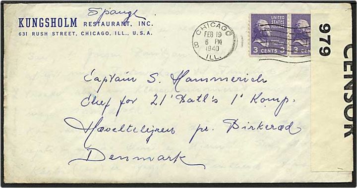 3 cent violet på brev fra Chicago, USA, d. 19.2.1940 til København. Engelsk censur.