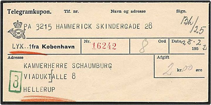 Telegramkupon fra København d. 28.2.1952 til Hellerup.