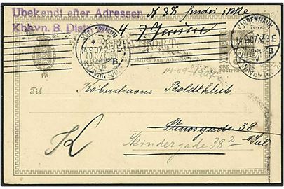 3 øre grå bølgelinie lokalt sendt enkeltbrevkort fra København d. 14.9.1907. Modtageren ubekendt efter adressen.