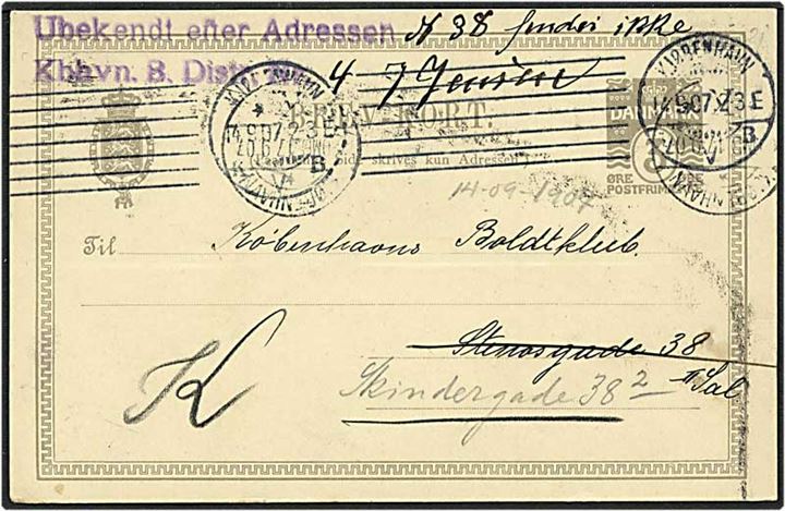 3 øre grå bølgelinie lokalt sendt enkeltbrevkort fra København d. 14.9.1907. Modtageren ubekendt efter adressen.