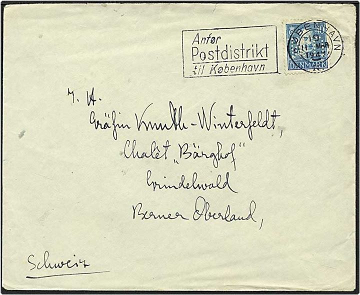 40 øre blå Chr. X på brev fra København d. 11.3.1947 til Schweiz. Mærket med perfin U06 - Udenrigsministeriet.