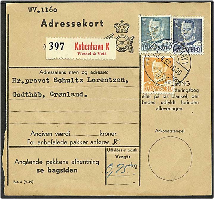 30 øre orange, 50 øre blå og 60 øre blågrøn Fr. IX på adressekort fra København d. 23.4.1952 til Godthåb. Mærkerne med perfin W21 - Wessel og Vett.