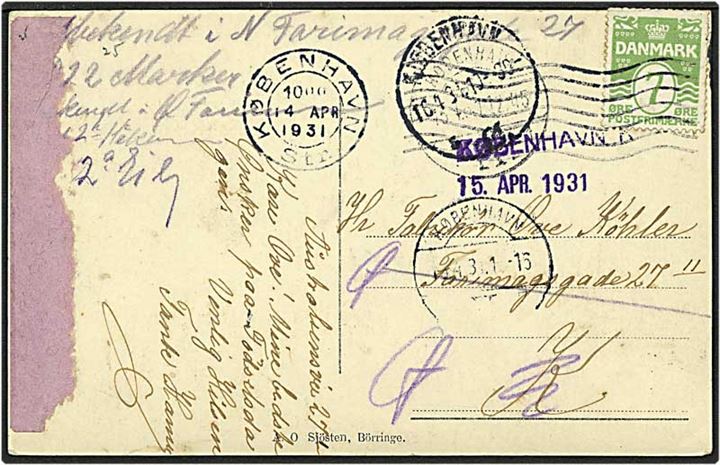 7 øre lysegrøn bølgelinie på lokalt sendt postkort fra København d. 14.4.1931. Kortet er omadresseret. Liniestempel København K.